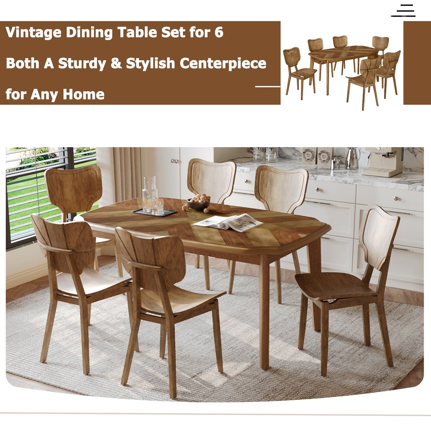 Vintage-Style Solid Wood Dining Table Set with Classic Dining Chairs for Home