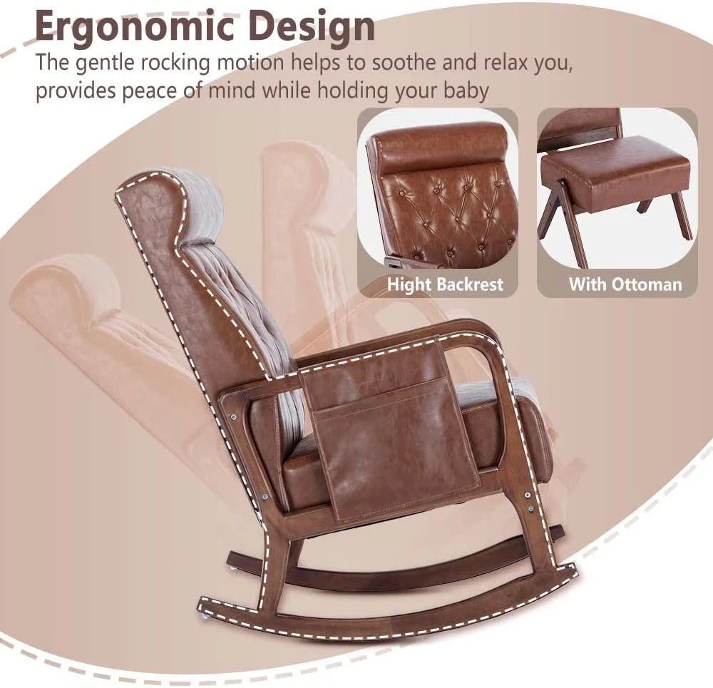 Nursery Rocking Chair Mid-Century Modern Chair with Ottoman Leather Arm Chair High Back with Side Pocket Comfy Glider Rocker Chair for Living Room Baby Room Bedroom (Brown PU Leather)