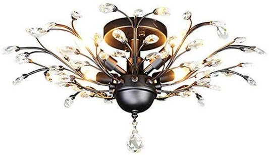 Seol-Light Vintage Crystal Branch Close to Ceiling Light Fixture Black Chandelier Flush Mount with 4 Light 160W 24.5" Dia;