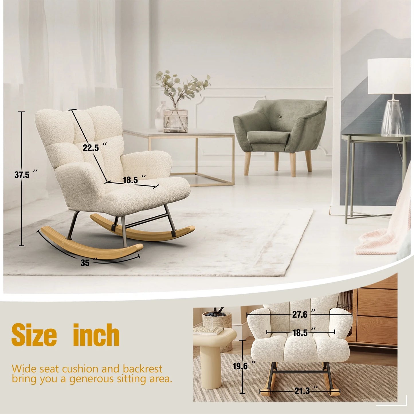 Glider Rocking Chair Nursery, Comfy Accent Chair Armchair with High Backrest Teddy Soft Upholstered Living Room Chairs for Reading Bedroom Living Room Home Office (Milky White)