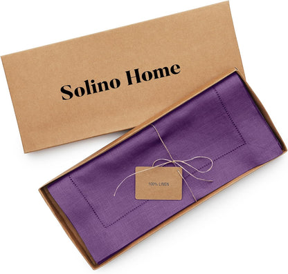Solino Home Purple Linen Table Runner 60 Inches Long – 100% Pure Linen Classic Hemstitch Table Runner 14 X 60 Inch – Machine Washable Dining Table Runner for Valentines Day, Spring, Easter Decor
