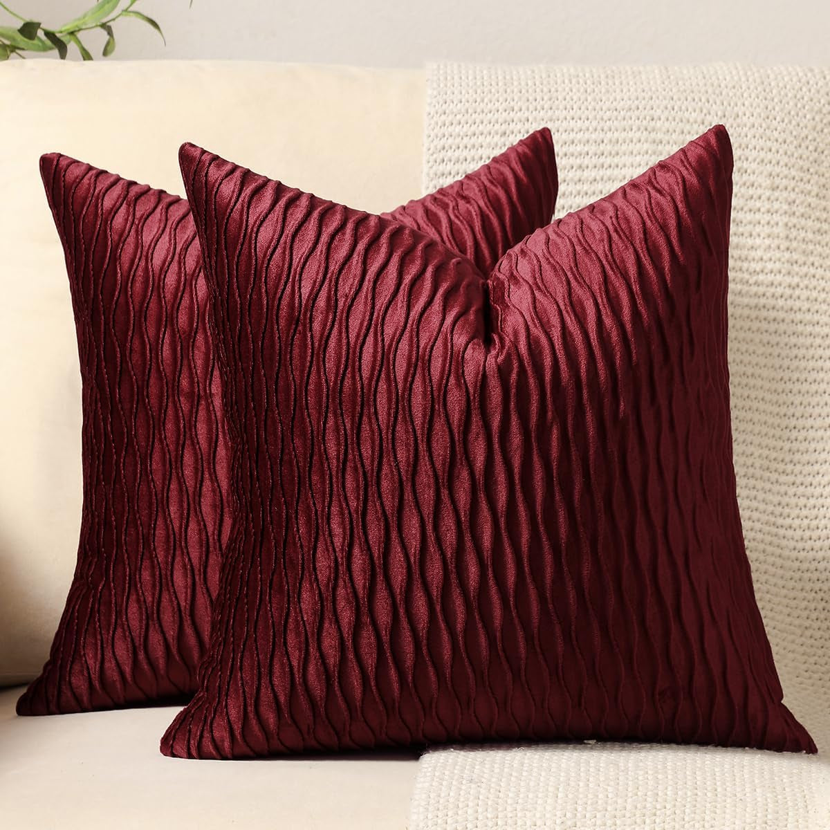 DEZENE Turquoise Throw Pillow Cases 22X22: 2 Pack Inch Original Striped Velvet Square Decorative Pillow Covers for Farmhouse Couch