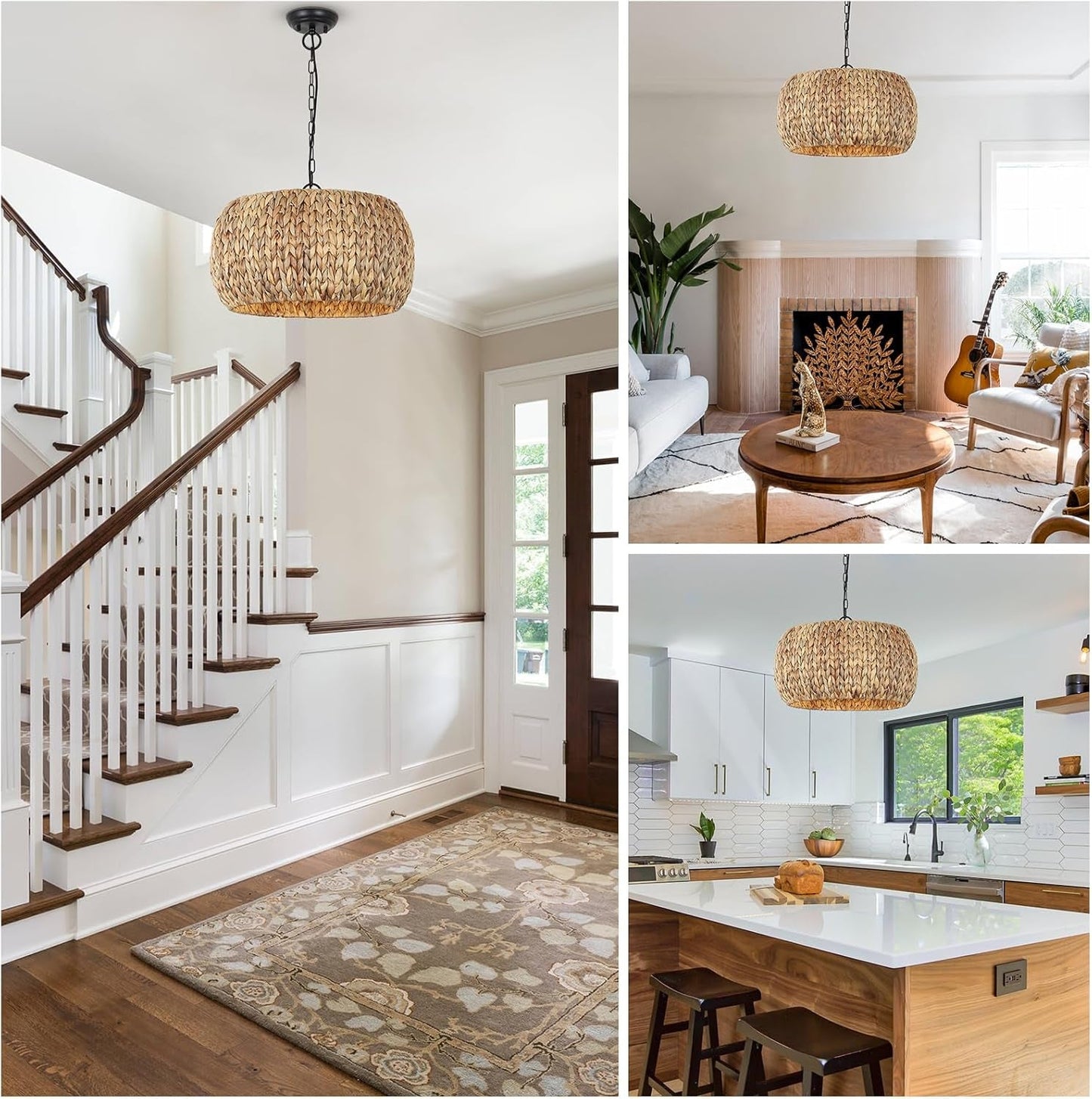 Farmhouse Rattan Boho Chandelier Rustic Pendant Lighting Fixture Ceiling Mounted