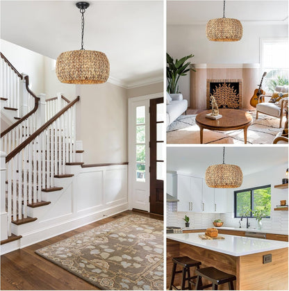 Farmhouse Rattan Boho Chandelier Rustic Pendant Lighting Fixture Ceiling Mounted