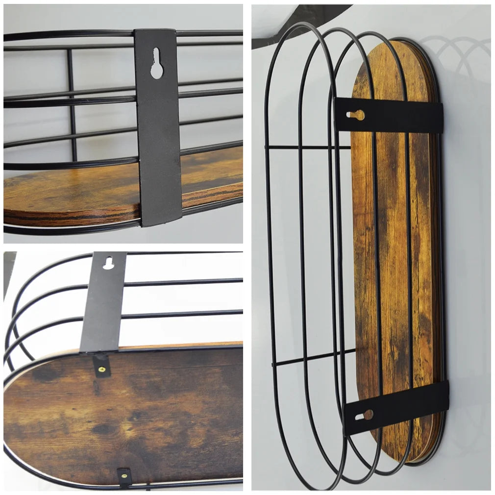 Oval Floating Wall Shelves Set of 3, Multiple Size Rustic Brown Hanging Shelf with Black Metal for Bedroom Bathroom Kitchen Living Room