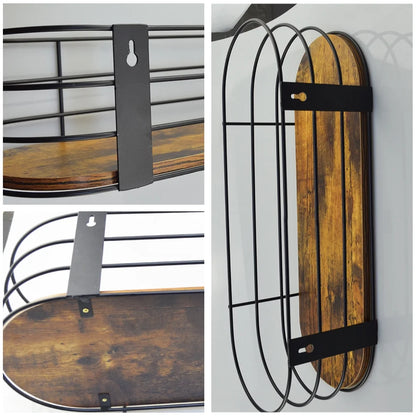 Oval Floating Wall Shelves Set of 3, Multiple Size Rustic Brown Hanging Shelf with Black Metal for Bedroom Bathroom Kitchen Living Room