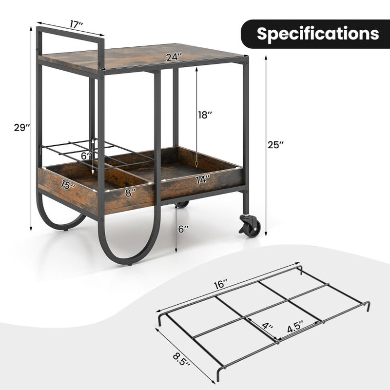 Rolling Buffet Serving Cart with Removable Metal Wire Wine Rack