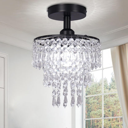 Small Crystal Chandelier Flush Mount Ceiling Light 3 Tiers Raindrops