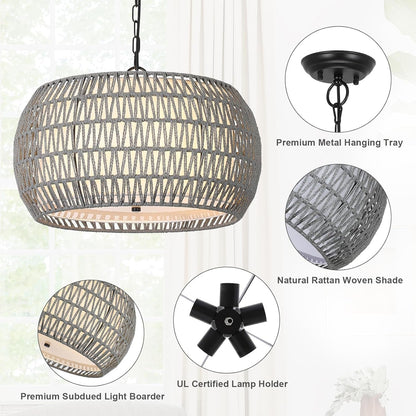 Farmhouse Chandelier Light Fixtures，5-Lights Rattan Dining Room Light