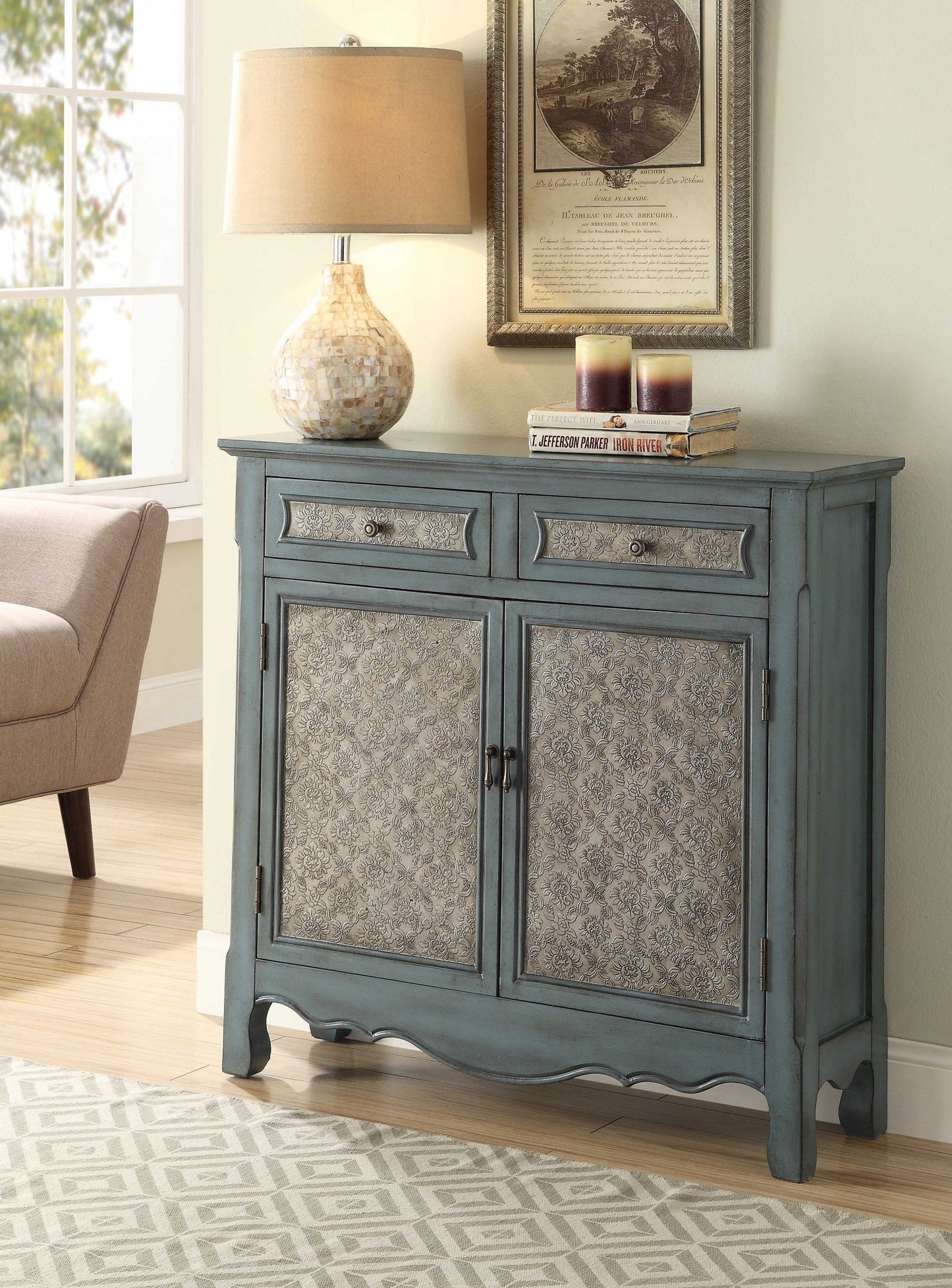 36inches X 11inches X 35inches Antique Blue Wooden Console Table