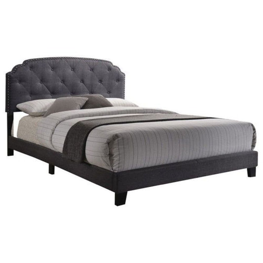 Gray Wood And Tufted Linen Queen Bed Frame with Nailhead Trim