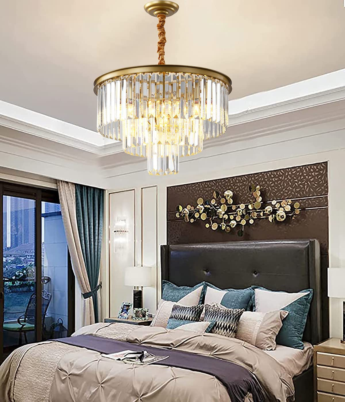 Gold Modern Crystal Chandelier Lighting K9 Crystal round Chandelier Hanging Ceiling Light Fixture 3-Tier Contemporary Crystal Pendant Light for Dining Room Living Room Bedroom