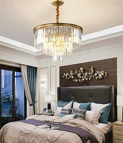 Gold Modern Crystal Chandelier Lighting K9 Crystal round Chandelier Hanging Ceiling Light Fixture 3-Tier Contemporary Crystal Pendant Light for Dining Room Living Room Bedroom
