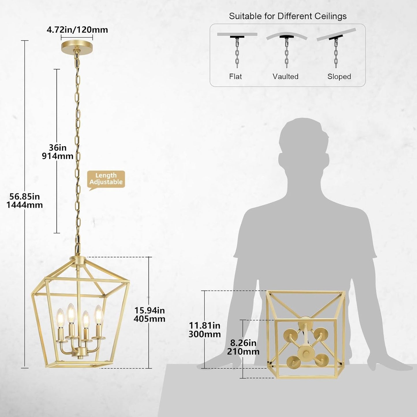 4 Light Chandelier, Industrial Ceiling Light Gold Lantern Light