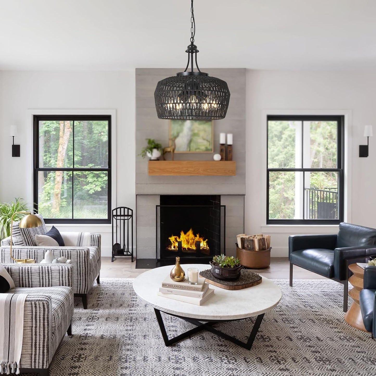 Black Rattan Chandeliers for Dining Room, 5-Light Farmhouse Chandelier