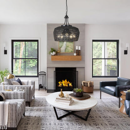 Black Rattan Chandeliers for Dining Room, 5-Light Farmhouse Chandelier