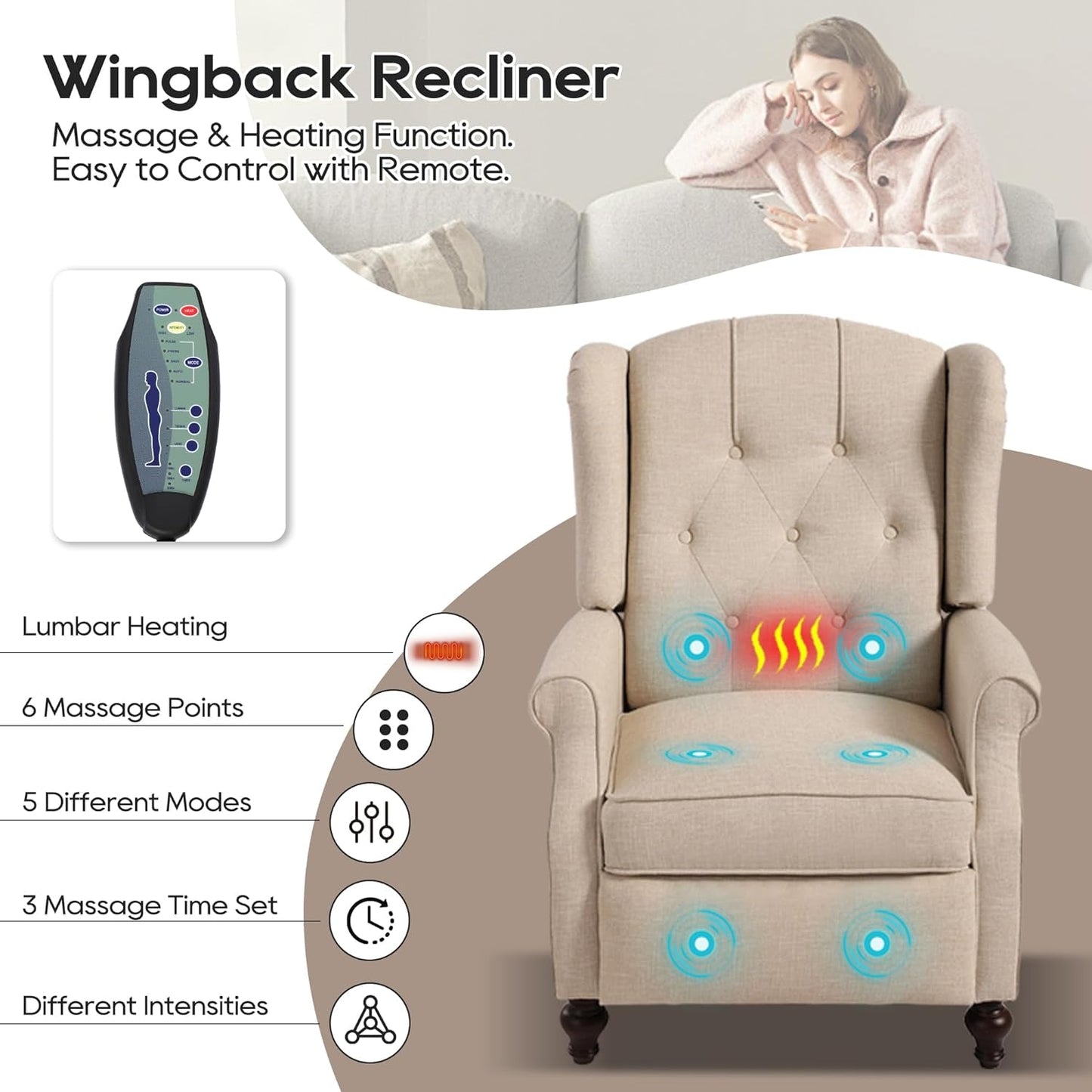 Wingback Recliner Chair with Massage and Heat, Tufted Push-Back, Ergonomic Support