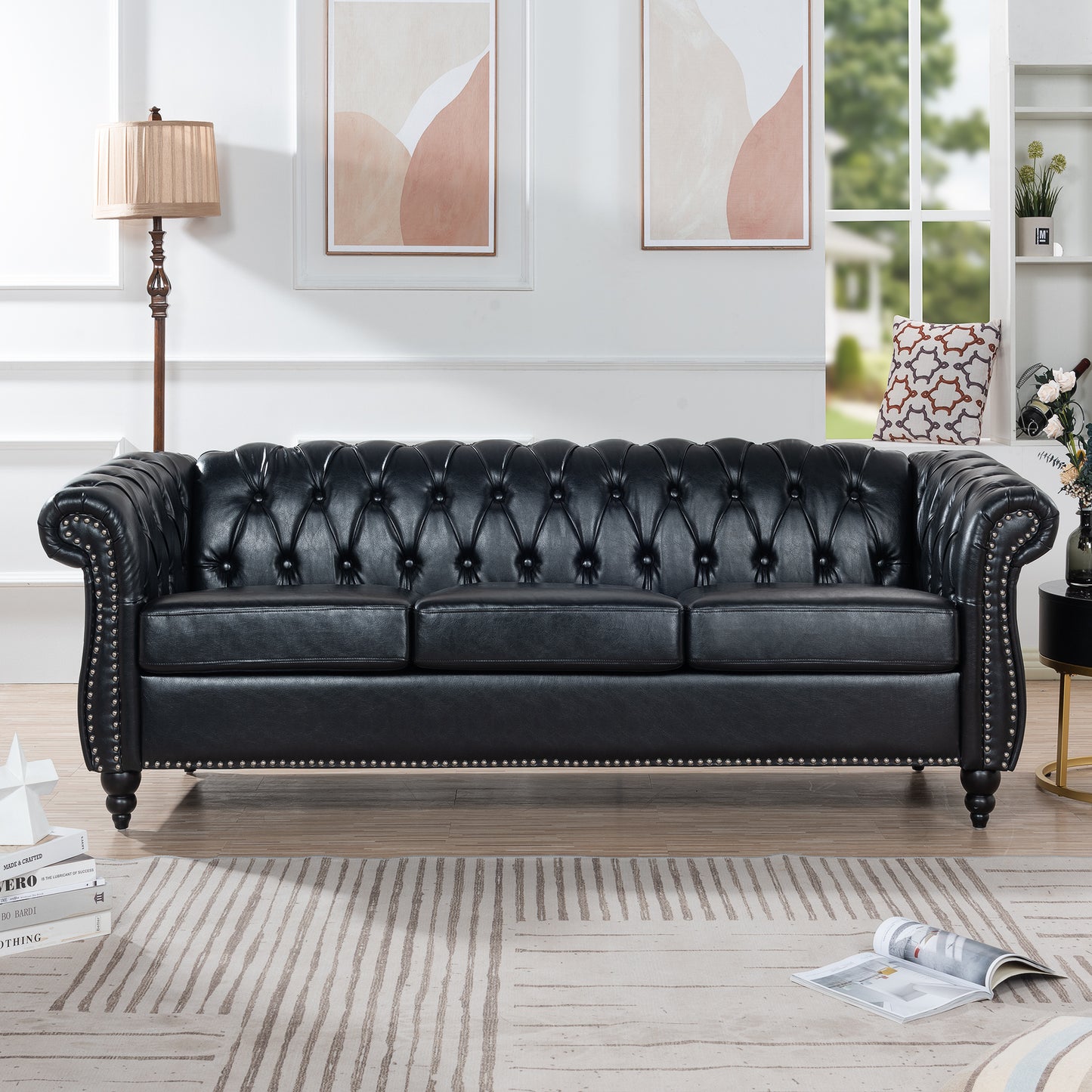 84.65' BLACK PU Rolled Arm Chesterfield Three Seater Sofa.