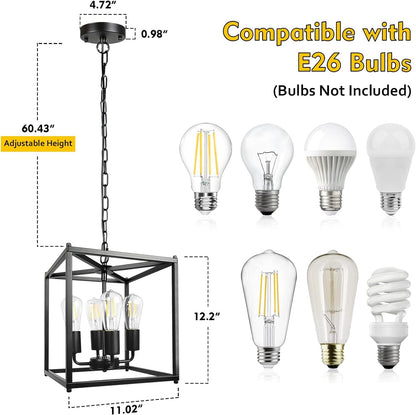 4-Light Black Farmhouse Chandelier, Iron Lantern Pendant Light Rustic
