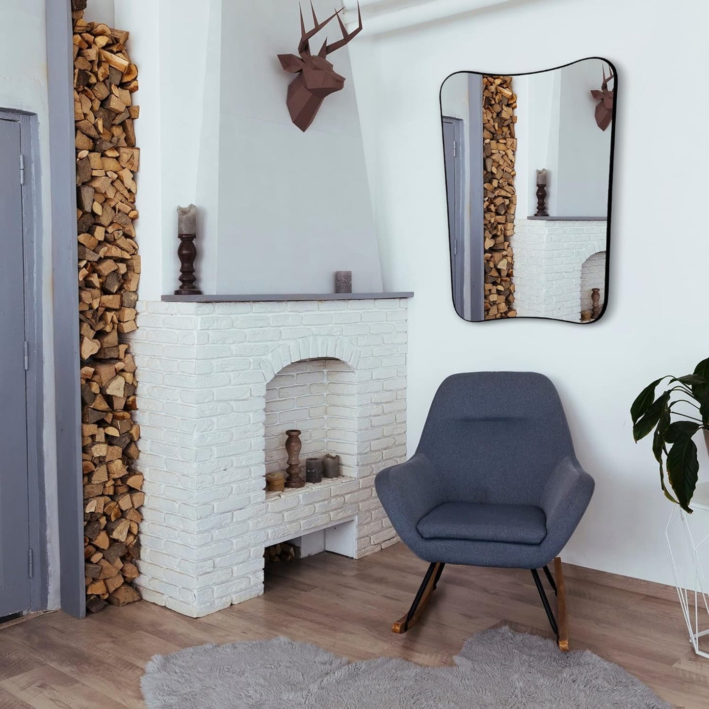 Elegant 36X24 Asymmetric Irregular Wall Mirror with Wooden Frame -