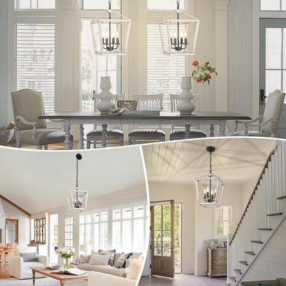 4 Light Rustic Chandelier, Farmhouse Lantern Fixture with Brushed