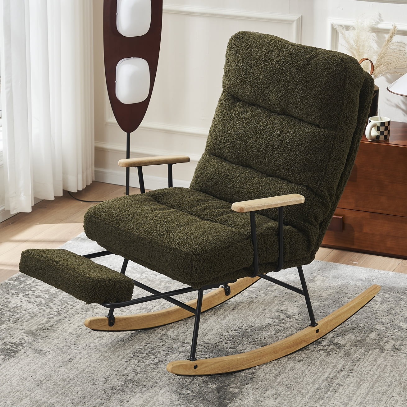 Teddy Fabric Rocking Chair Nursery Chair with Adjustable Back, Modern Gliding Rocking Chair with High Back, Retractable Footrest, Glider Recliner Nursery Chair for Nursery, Living Room, Bedroom,Green