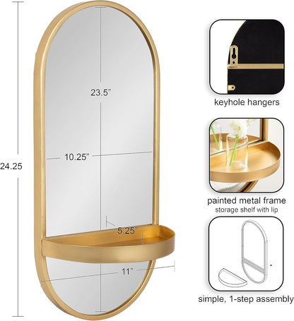 Estero Modern Metal Oval Mirror with Rounded Shelf, 11 X 25, Gold,