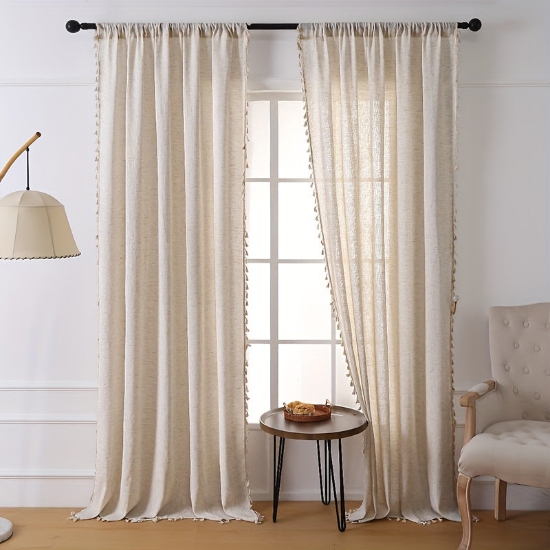 Elegant Beige Sheer Curtain with Tassel Vintage Style