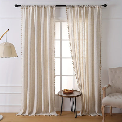 Elegant Beige Sheer Curtain with Tassel Vintage Style