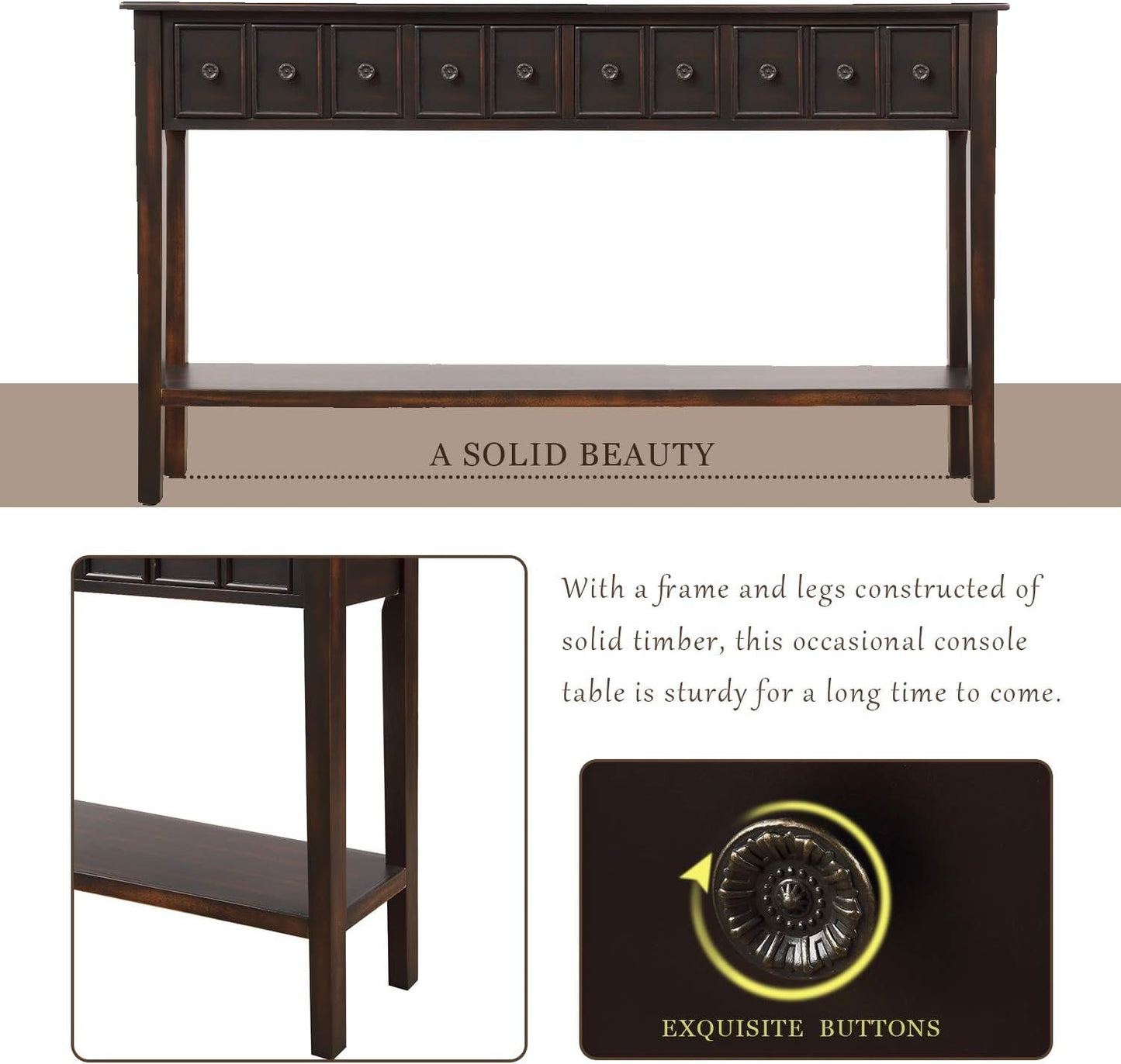 Rustic Console Table with Drawers and Shelf