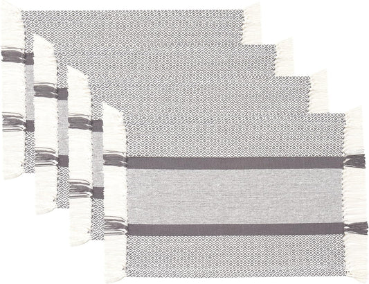 Placemats Set of 4, Woven Cloth Placemat Set, 14X19 In, Gray Boho Place Mats for Kitchen or Dining Table, Washable Cotton Table Mats