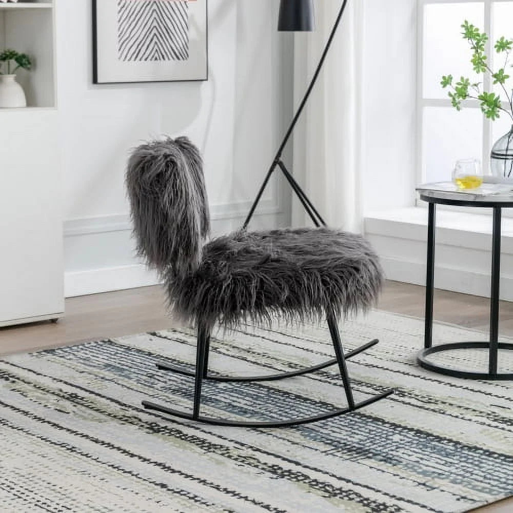 Wide Faux Fur Plush Nursery Rocking Chair, Baby Nursing Chair with Metal Rocker, Fluffy Upholstered Glider Chair, Comfy Mid Century Modern Chair for Living Room