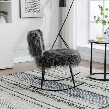 Wide Faux Fur Plush Nursery Rocking Chair, Baby Nursing Chair with Metal Rocker, Fluffy Upholstered Glider Chair, Comfy Mid Century Modern Chair for Living Room