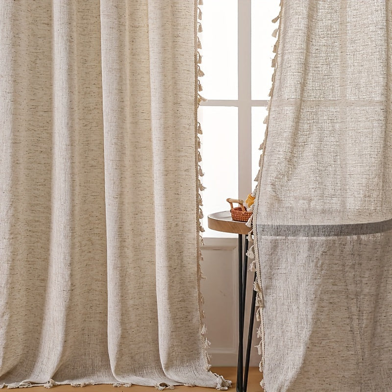 Elegant Beige Sheer Curtain with Tassel Vintage Style