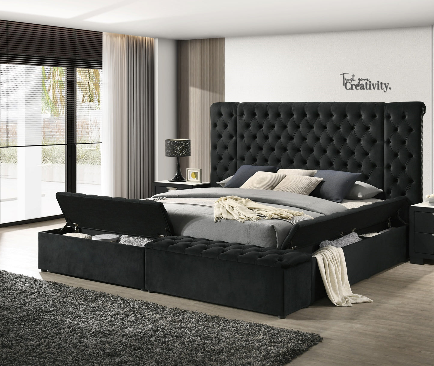 Luxurious 1pc Glam Tufted Headboard Upholstered Contemporary Queen Bed Multiple Storage Compartments Wooden Bedroom Furniture Black