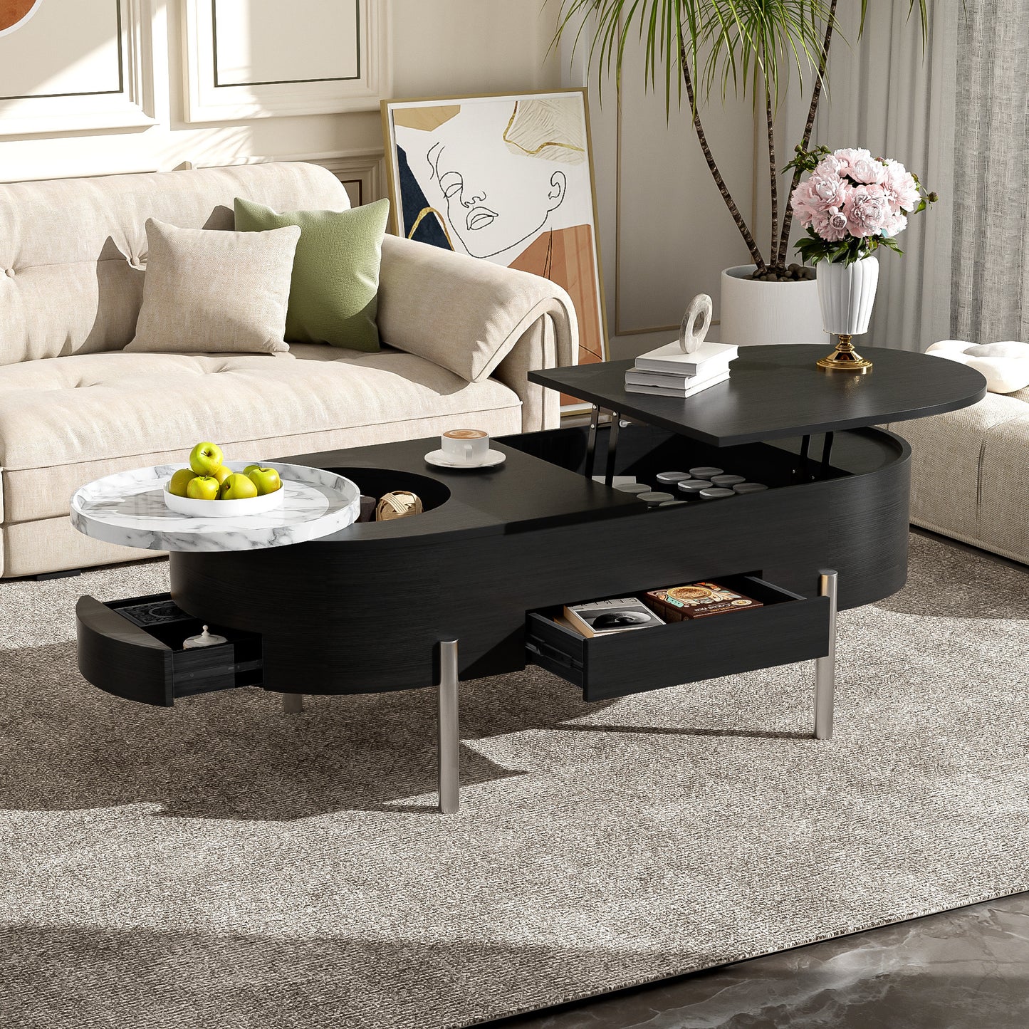 U-Can Lift Top Coffee Table with Rotating Tray, Hidden Compartment, Modern Oval