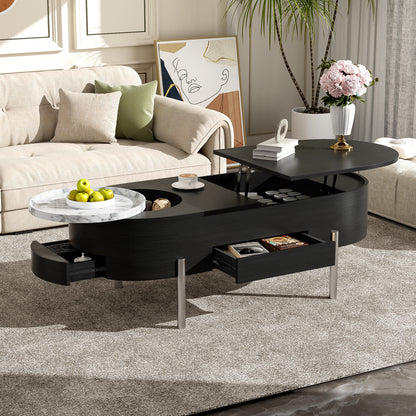 U-Can Lift Top Coffee Table with Rotating Tray, Hidden Compartment, Modern Oval