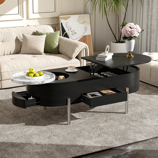 U-Can Lift Top Coffee Table with Rotating Tray, Hidden Compartment, Modern Oval