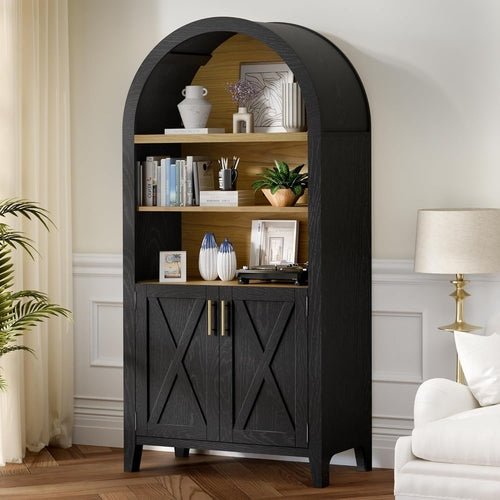 Arched Storage Cabinet with Beech Wood Door, 5-Tier Display Cabinet,