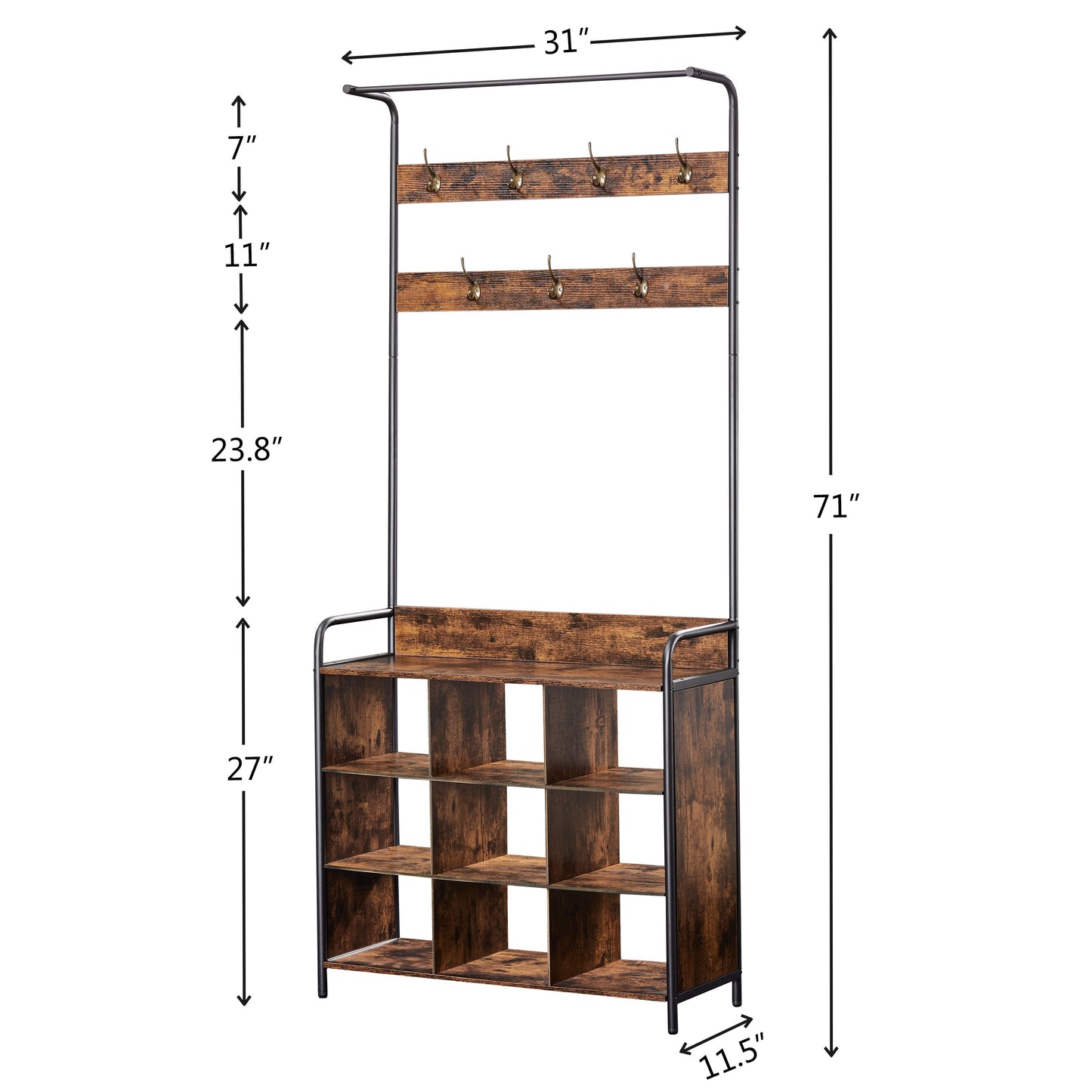 Coat Rack, Hall Tree with Shoe Rack for Entryway, 3-in-1 Entryway Coat
