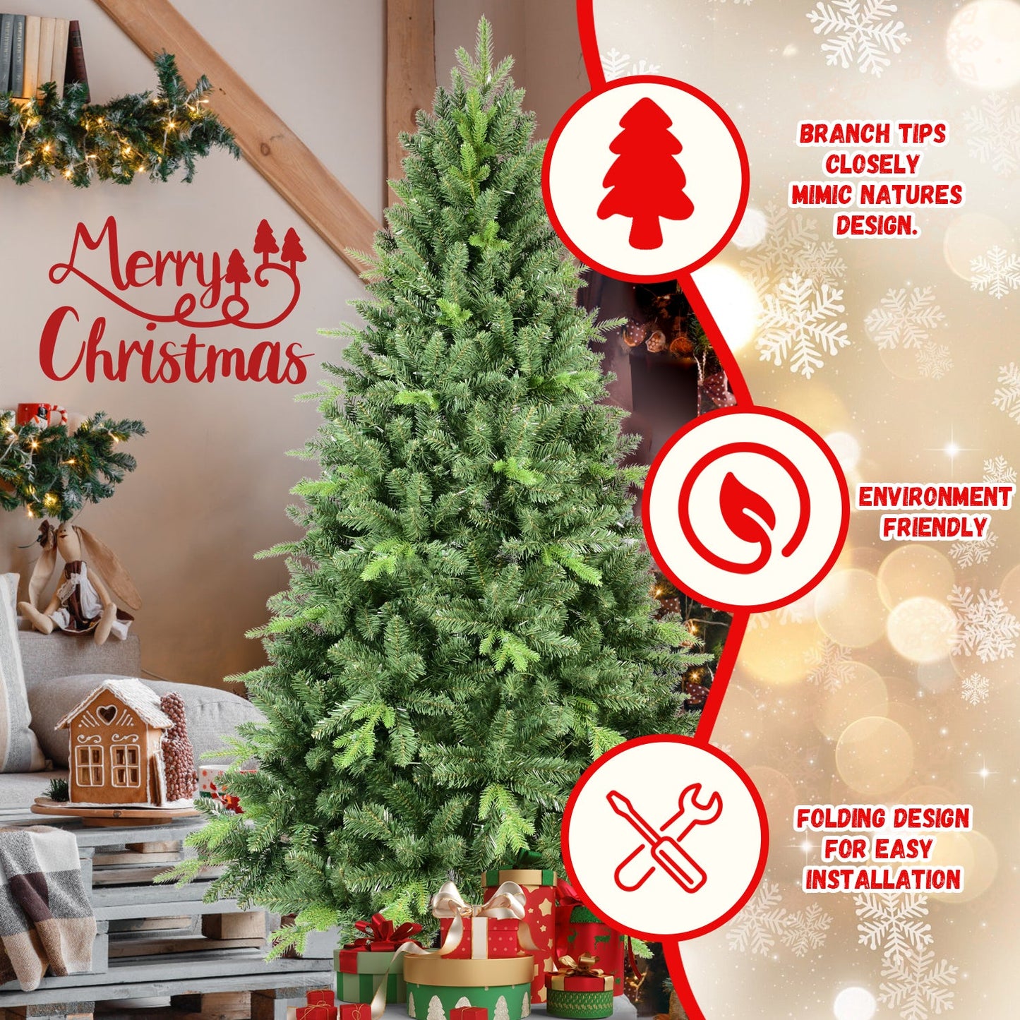 9FT Classic Christmas Tree with 3509 PE+PVC Tips – Realistic Hinged