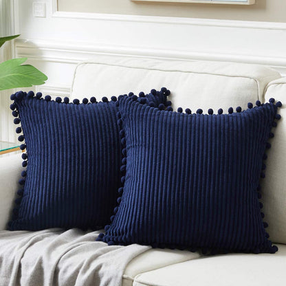 Fancy Homi Dark Gray Decorative Throw Pillow Covers 18X18 Inch with Pom Poms, Boho Farmhouse Home Decor, Soft Corduroy Accent Square Cushion Case for Living Room Couch Bed Sofa 45X45 Cm