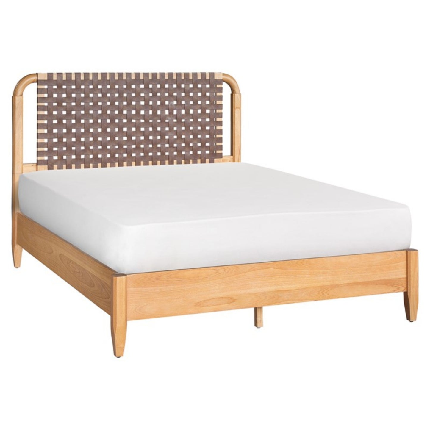 Mid-Century Modern Woven Faux Leather Queen Bed with Caramel Maple Wood Finish
