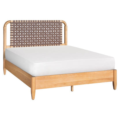 Mid-Century Modern Woven Faux Leather Queen Bed with Caramel Maple Wood Finish