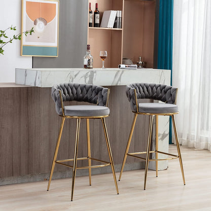 Gray Velvet Woven Backrest Barstool Set - Comfortable & Stylish