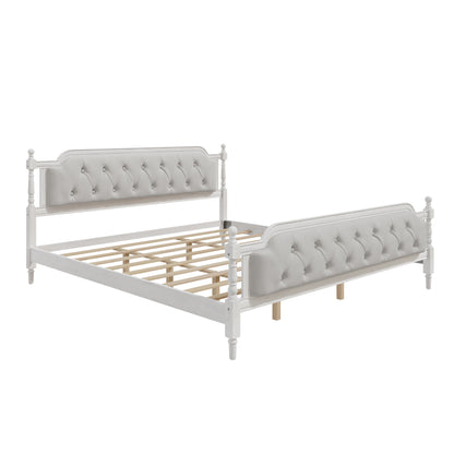 Traditional Style Solid Wood Bed Frame with Upholstered Tufted Headboard, No Box Spring Needed, King Size, Antique White
