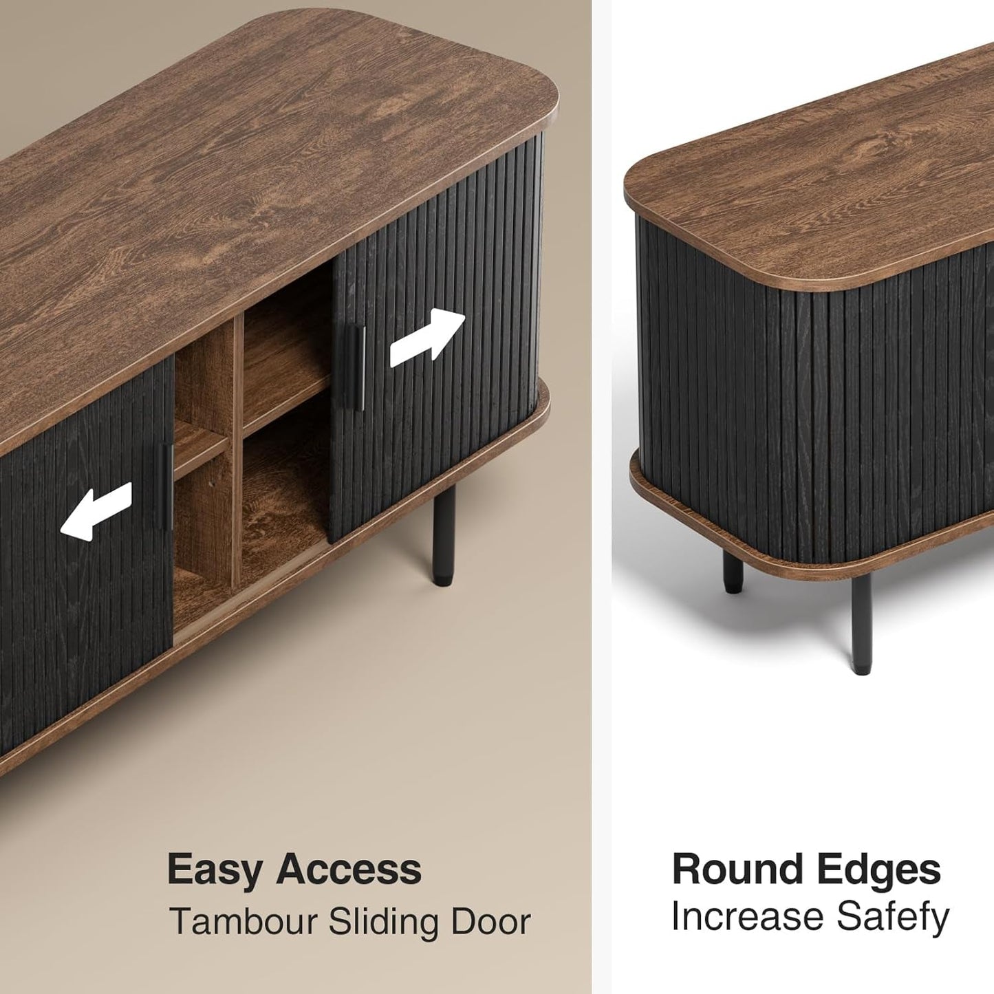 47''W Black Cabinet with Storage, Media Console, Tambour TV Stand,