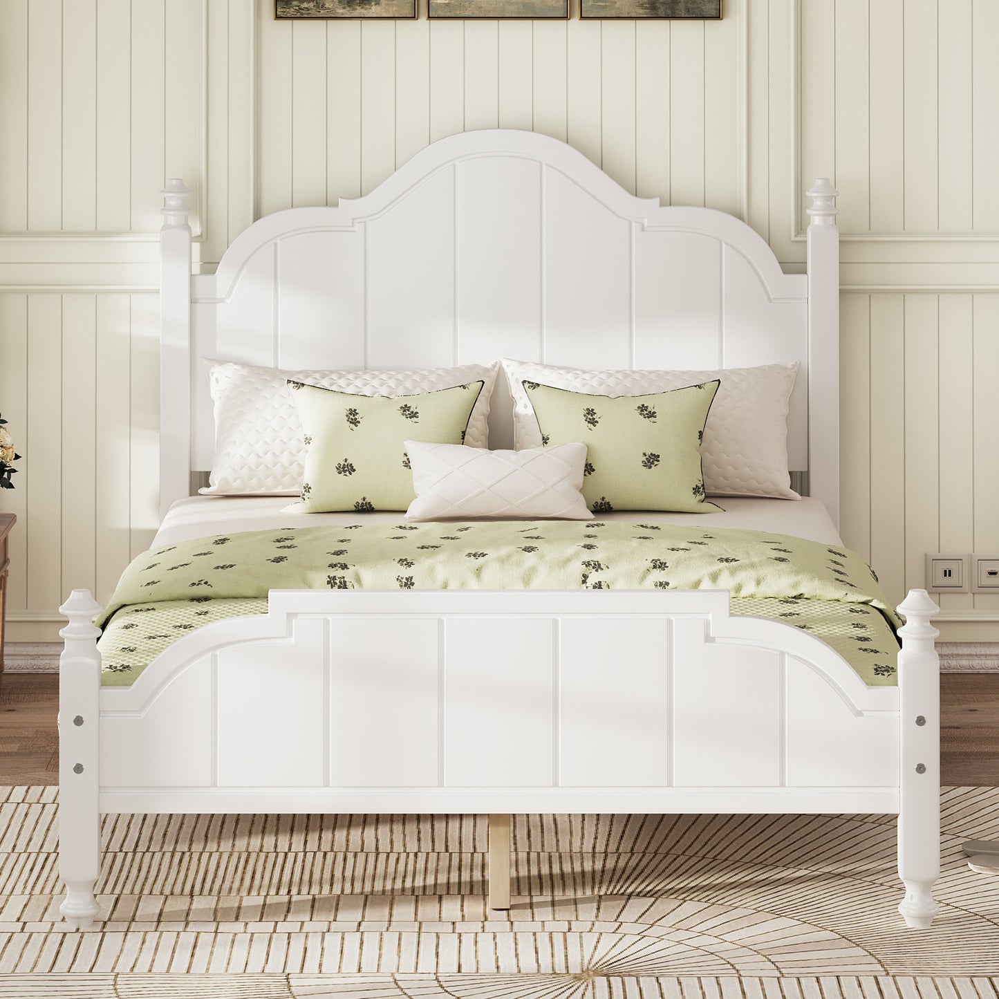 Full Size Bed Frame with Headboard, Vintage Wooden Bed Frame with Slats Support, Platform Full Bed Frame, No Box Spring Needed, Easy Assembly, White