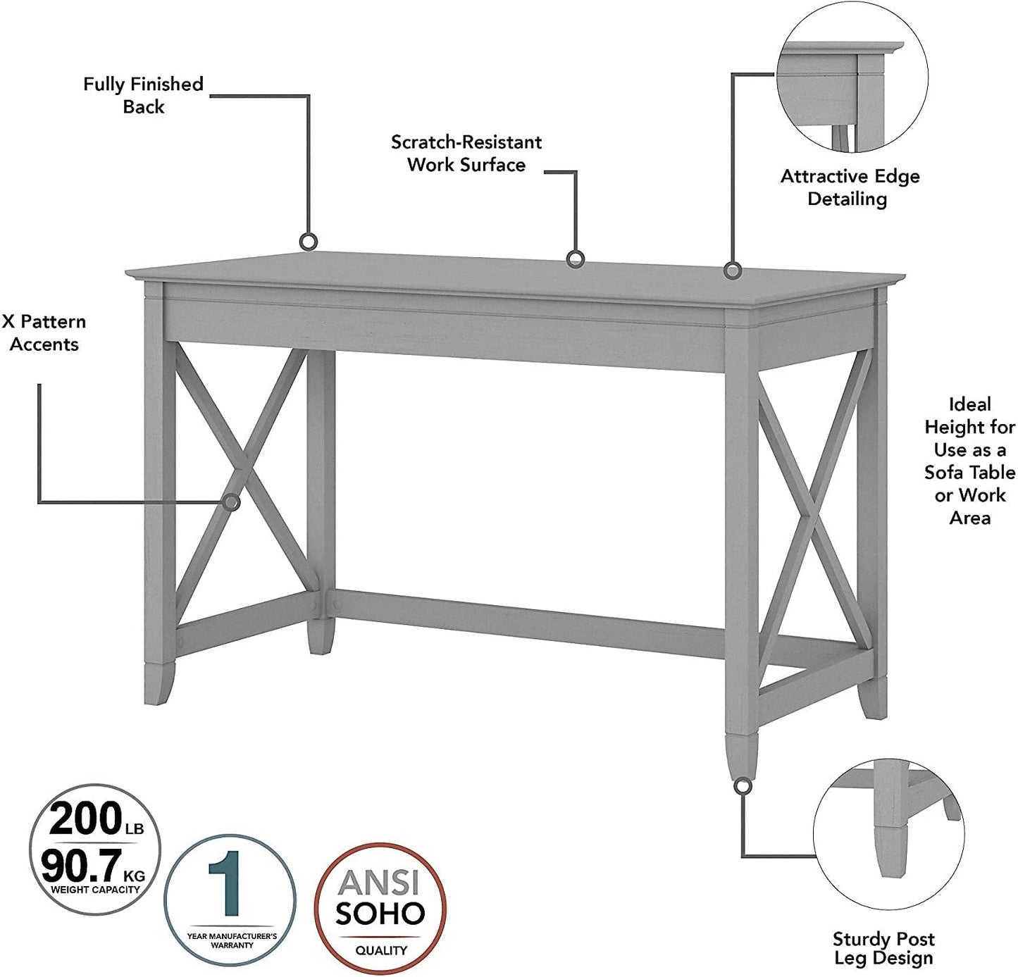 Key West Desk with File Cabinet, Bookcase, Gray