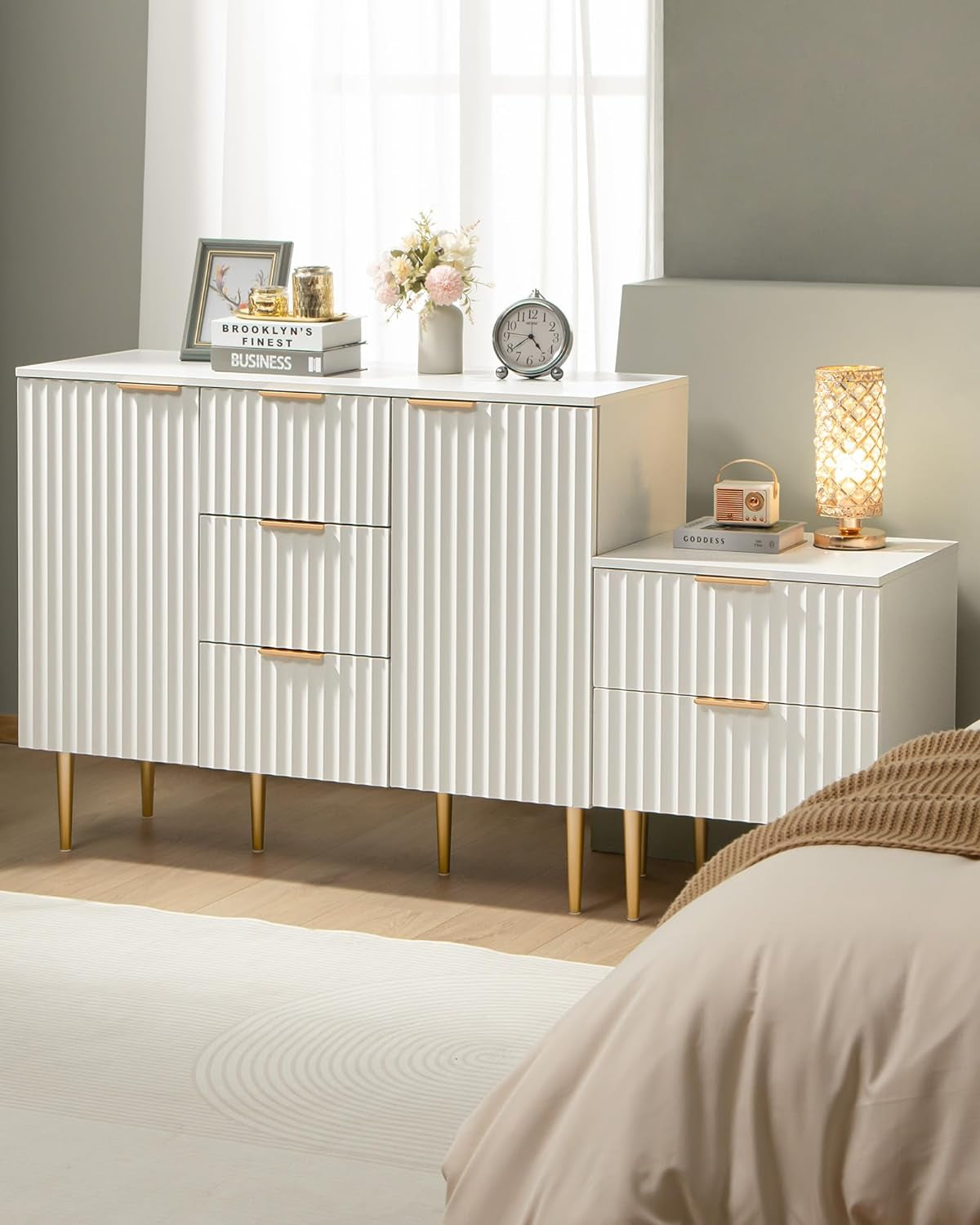 White Sideboard Cabinet with 3 Drawers, Glossy Fluted Buffet Storage